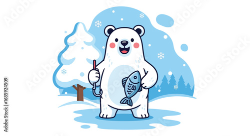 Cute Cartoon Polar Bear Fishing - Winter Wonderland Scene