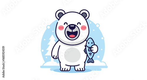 Cute Cartoon Polar Bear Fishing - Winter Wonderland Scene