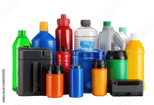 Assorted plastic bottles and containers of various colors and sizes, arranged in a group