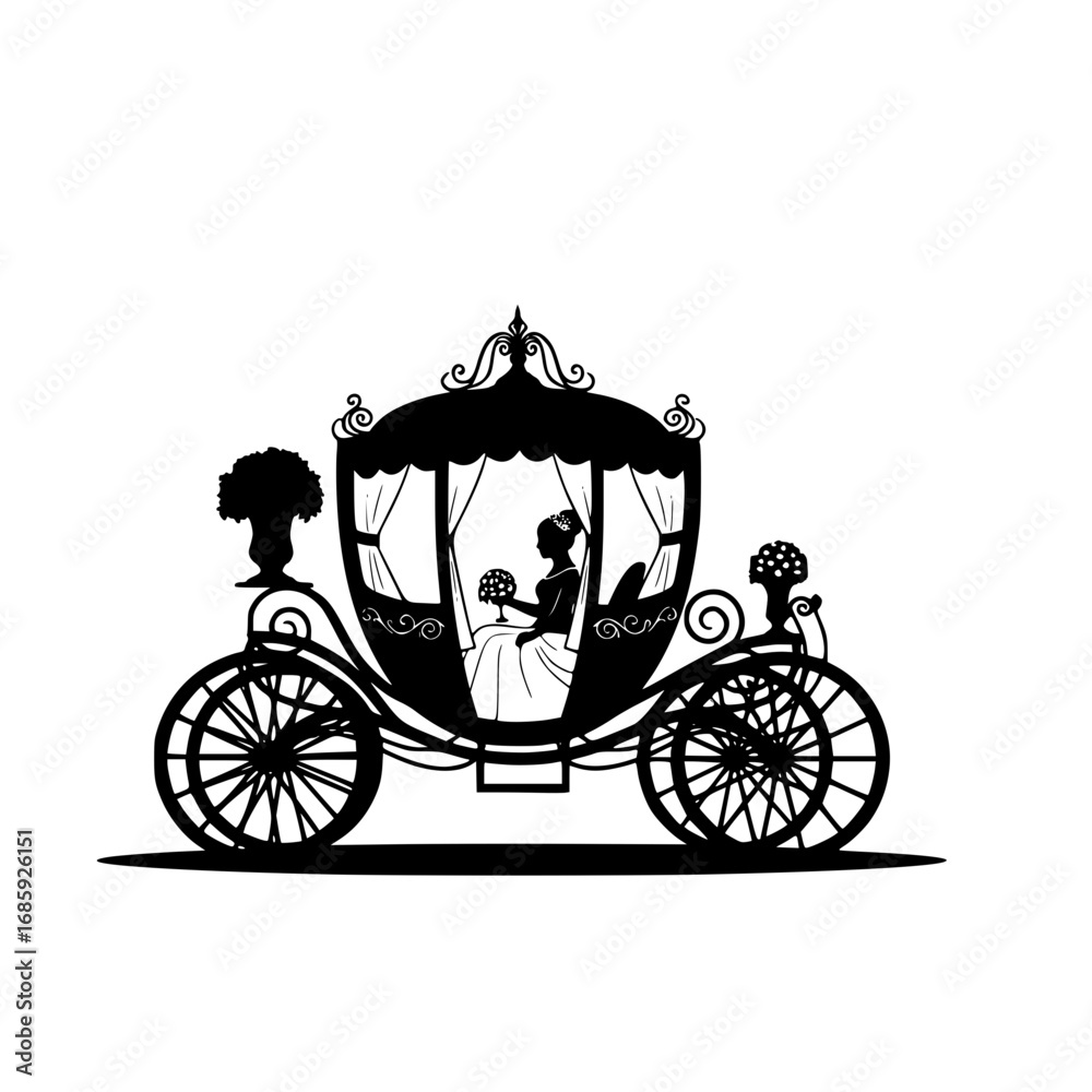 Fototapeta premium Elegant Carriage Silhouette Featuring a Bride Holding a Bouquet