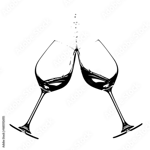 Two elegant wine glasses clinking together in a celebratory toast with splashing liquid