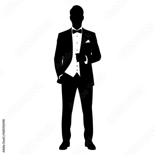 Elegant Silhouette of a Gentleman in a Tuxedo Holding a Glass of Wine