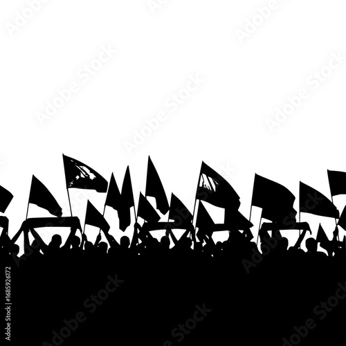 Crowd of people holding flags with digital technology themes