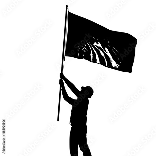 Silhouette of a person holding a black flag high in the air