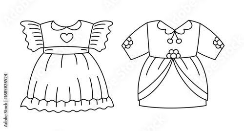 Vector linear baby dresses in cartoon fashion style isolated on white. Outline coloring page for girly book or educational, fashion materials
