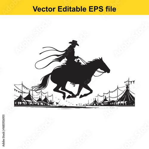 Silhouette of a cowboy riding a horse in a desert landscape isolated on white background