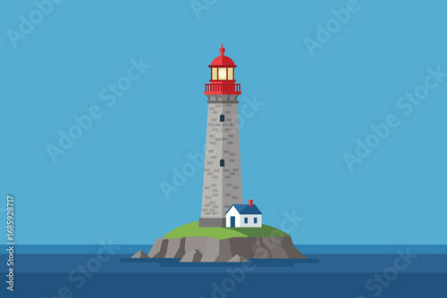 Lighthouse On Coastal Rock Island Under Clear Blue Sky