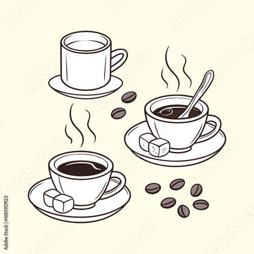 Hand Drawn Sketch of Three Cups of Coffee with Steam and Coffee Beans Illustration
