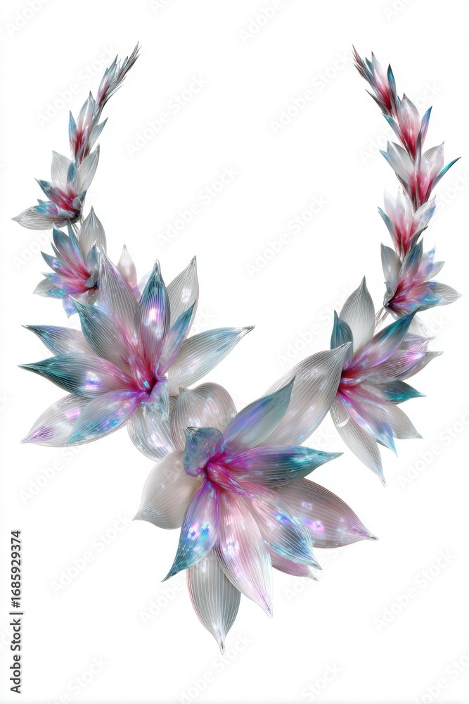 Fototapeta premium Surreal AI floral necklace with metallic glowing petals blending futuristic and natural aesthetics.