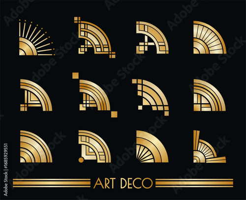 Elegant retro geometric decorative elements. Art Deco metallic golden corner set design.