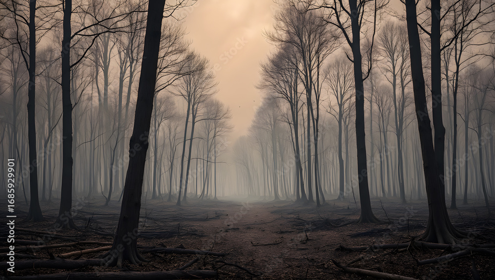 Fototapeta premium Foggy forest with a path through the trees creating a spooky and mysterious atmosphere