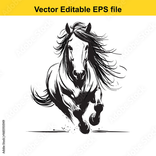 Black and white illustration of a galloping horse isolated on white background