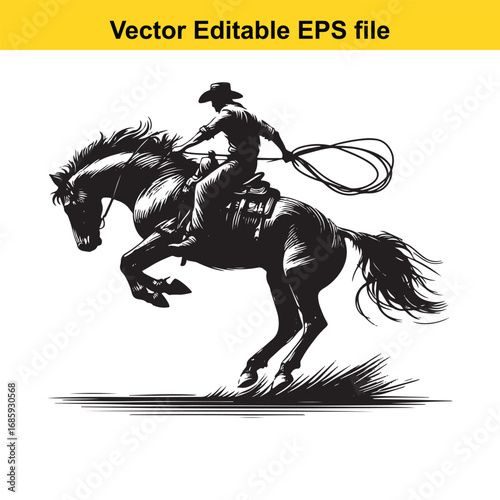 Silhouette of a cowboy on a bucking horse with a lasso, isolated on white background