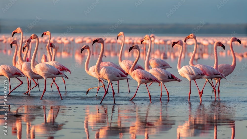 Obraz premium Flock of flamingos gathered together in shallow wetlands, soft pink feathers glowing under natural sunlight, reflections in rippling water