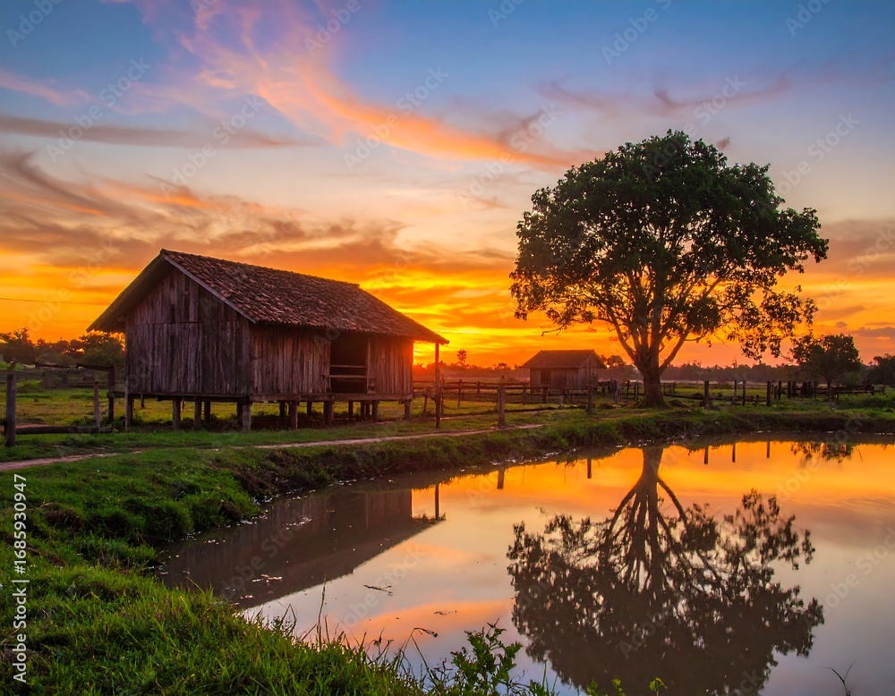 Obraz premium Sunset over Rural Houses and Pond