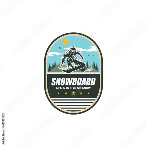 design with snowboarder and mountain silhouette.