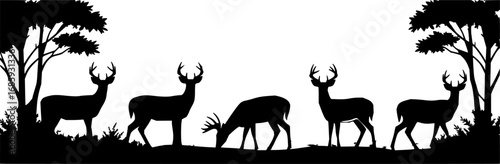 set of whitetail deer in the forest silhouette design vector art illustration