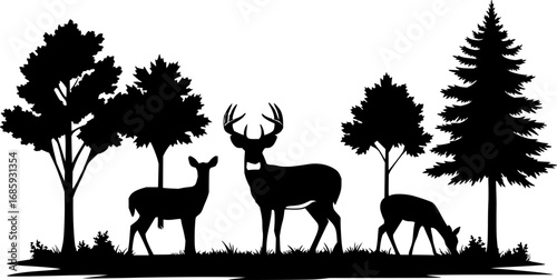 set of whitetail deer in the forest silhouette design vector art illustration