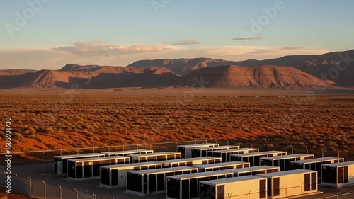 Wallpaper Mural Renewable Energy Storage Facility at Sunset: A landscape of progress, showcasing a cutting-edge energy storage facility nestled in the embrace of a stunning sunset over a desert environment. Torontodigital.ca
