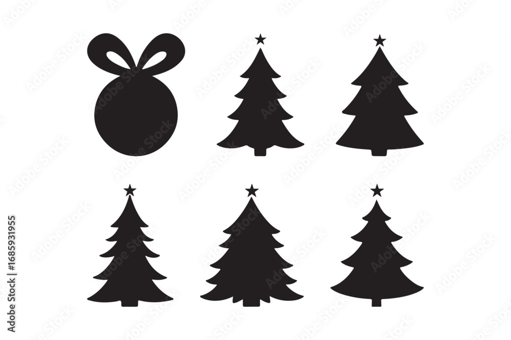 Obraz premium Black silhouette christmas ornaments and trees on white background