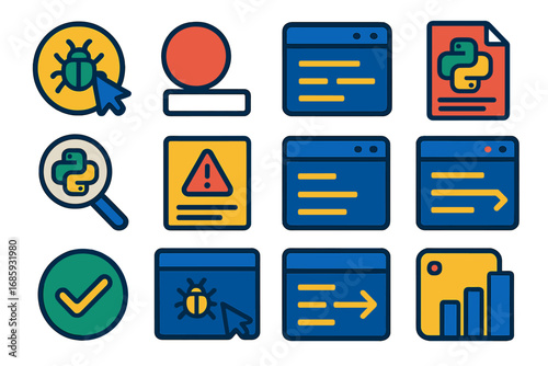 Python Debugging Icons. Flat vector icons of Python Debugging Tools: debug icon, breakpoint, print log, trace icon, inspect module