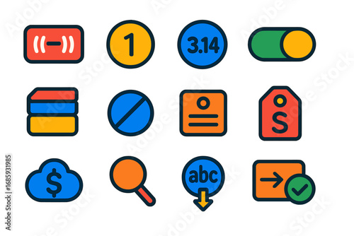 PHP Variable Icons. Flat vector icons of PHP Variables and Types: string value, integer icon, float number, boolean switch, array