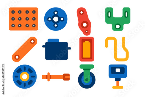 Robotic Parts Icons. Flat vector icons of robotic assembly parts: chassis panel, wheel mount, servo horn, sensor bracket, arm