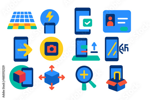 AR Setup Icons. Flat vector icons of AR setup and calibration: surface scan grid, lighting detection icon, permission popup,