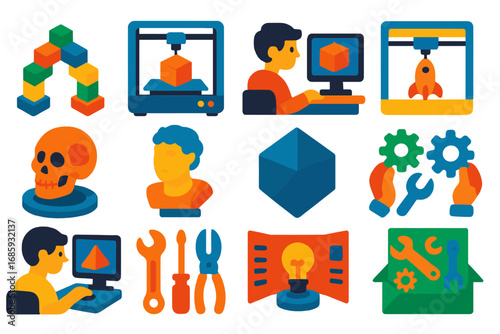 Educational 3D Printing Icons. Flat vector icons of 3D printing for education: STEM project model, classroom printer, student 3D