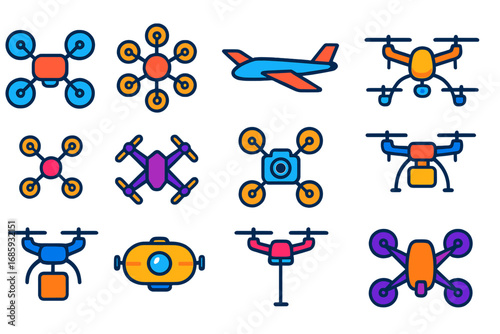 Modern Drone Icons. Flat vector icons of drone types: quadcopter drone, hexacopter drone, fixed-wing drone, hybrid VTOL drone,
