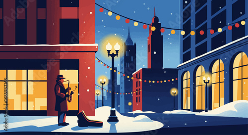 New Year's Eve Saxophonist in Snowy Chicago