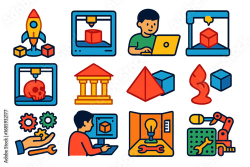 Educational 3D Printing Icons. Flat vector icons of 3D printing for education: STEM project model, classroom printer, student 3D
