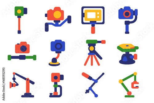 Camera Rigs Icons. Flat vector icons of camera mounts and rigs: monopod, shoulder rig, cage mount, motorized gimbal, slider rail,