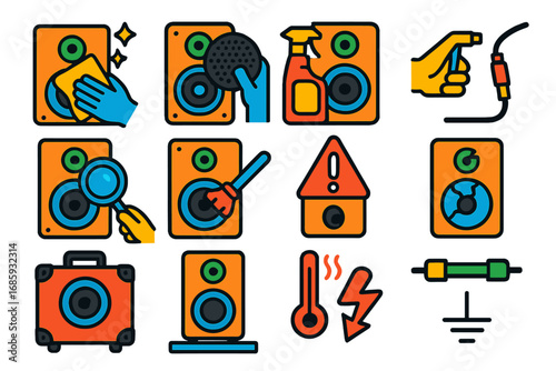 Speaker Care Icons. Flat vector icons of speaker maintenance and care: dusting cloth, speaker grill removal, cabinet polish, cable