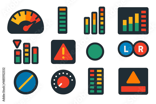 Audio Meters Icons. Flat vector icons of audio meters and indicators: VU meter, peak meter, level bars, RMS meter, gain reduction