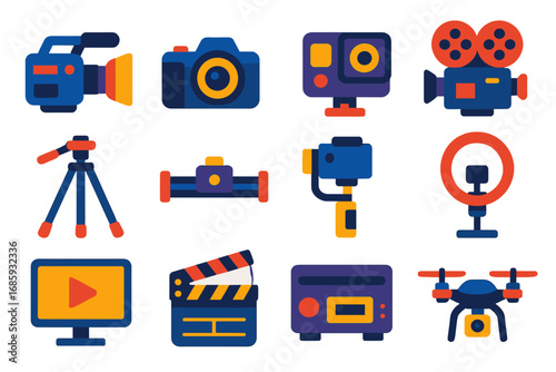 Video Equipment Icons. Flat vector icons of video equipment: video camera, DSLR camera, action camera, cinema camera, tripod,