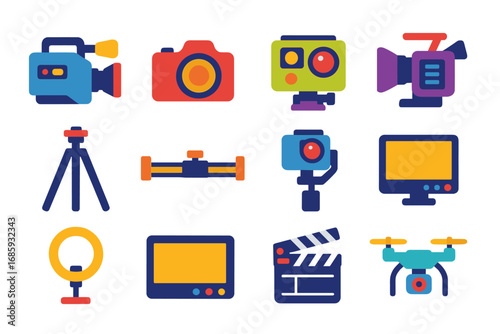 Video Equipment Icons. Flat vector icons of video equipment: video camera, DSLR camera, action camera, cinema camera, tripod,
