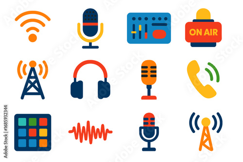 Broadcast Audio Icons. Flat vector icons of broadcast and radio audio: FM radio signal, studio mic, control room console, live
