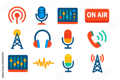 Broadcast Audio Icons. Flat vector icons of broadcast and radio audio: FM radio signal, studio mic, control room console, live