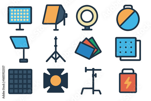 Video Lighting Icons. Flat vector icons of video lighting gear: LED panel, softbox light, ring light, reflector disc, bounce card,
