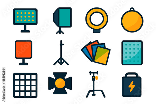 Video Lighting Icons. Flat vector icons of video lighting gear: LED panel, softbox light, ring light, reflector disc, bounce card,