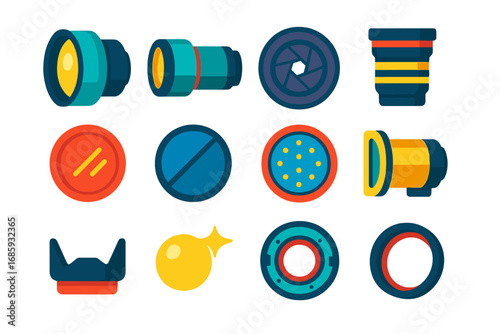 Cinematic Lens Icons. Flat vector icons of cinematic lenses and filters: wide angle lens, telephoto lens, prime lens, zoom lens,