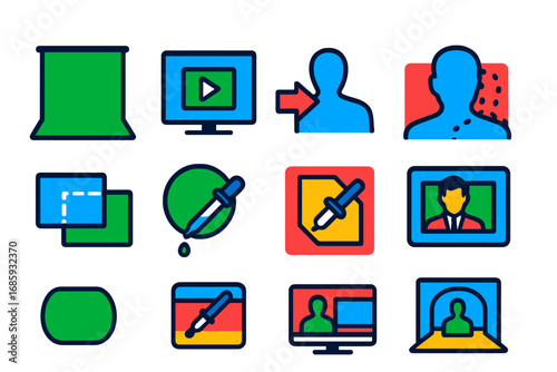 Green Screen Tools Icons. Flat vector icons of chroma key and green screen tools: green screen backdrop, chroma key icon,
