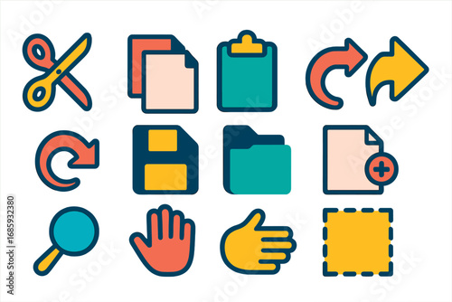 Bold Editing Icons. Flat vector icons of keyboard shortcuts for editing: cut (scissors), copy (double file), paste (clipboard),
