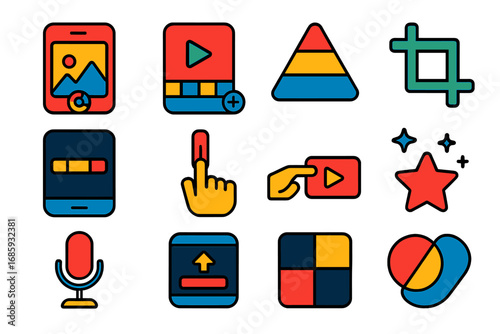 Bright Editing Icons. Flat vector icons of microphone-related software: EQ curve window, noise gate interface, compressor plugin,