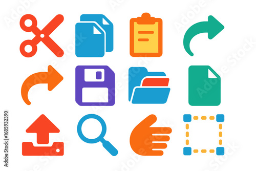 Bold Editing Icons. Flat vector icons of keyboard shortcuts for editing: cut (scissors), copy (double file), paste (clipboard),