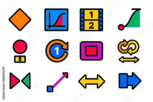Modern Animation Icons. Flat vector icons of animation timing tools: keyframe icon, speed graph, frame counter, easing curve,