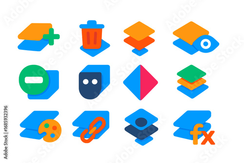 Layer Editing Icons. Flat vector icons of layer editing tools: new layer icon, delete layer, merge layers, layer visibility,