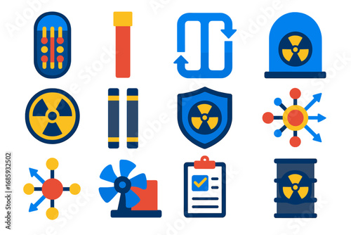 Nuclear Engineering Icons. Flat vector icons of nuclear engineering: reactor core, control rod, coolant system, containment dome,