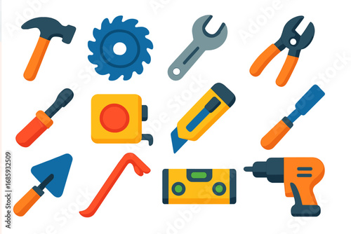 Flat Construction Icons. Flat vector icons of construction tools: hammer icon, saw blade, wrench tool, pliers icon, screwdriver,